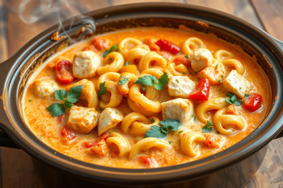 creamy crockpot chicken spaghetti